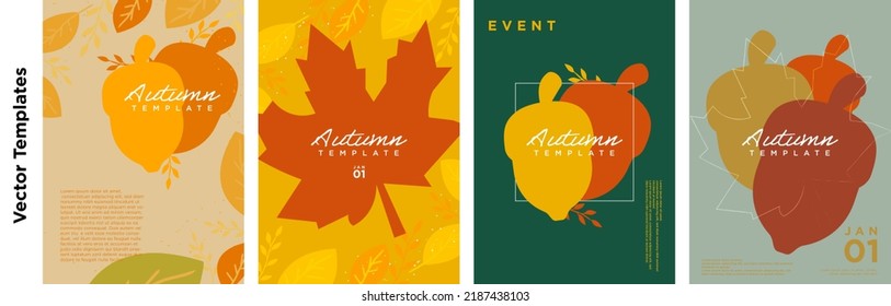 Minimalistic Autumn-themed templates. Vector Illustration. Fall elements. Good for invitation, social media post, card, flyer, cover, banner, placard and brochure. 