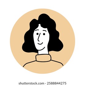 Minimalistic avatar of a smiling woman with curly black hair, wearing a turtleneck sweater. Hand-drawn style on a beige circular background. Concept of profile icon. Vector illustration