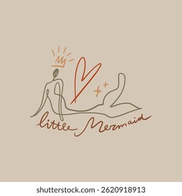 Minimalista bebê princesa sereia doodle linha logotipo desenho com inscrição escrita à mão e personagens do mar definir elementos de etiqueta em crianças desenhadas à mão estilo infantil, conceito de conto de fadas, palavra de letra