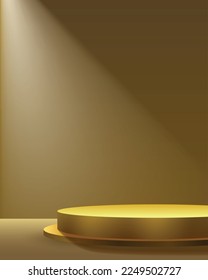 Minimalistic background for branding and showing of product. Ray of spotlight on beige wall. Golden podium on the floor. 3d vector illustration.
