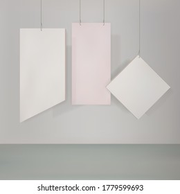 Minimalistic Background, Composition, Hanging Blocks, Plates in Pastel Colors. Simple Forms for Demonstration, Exhibition of Clothes, Accessories. 3d rendering, vector illustration.