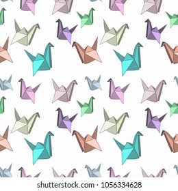 Minimalistic background with cranes from origami. Line drawing. Vector image. Design. Simple minimalistic stylization. Multicolored elements on a light background. Asian style. Symbol of happiness.