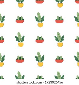 Minimalistic background with flower pots and triangles. Seamless pattern. Vector graphic design 