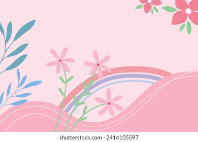 Minimalistic background with flowers and rainbow. Design for postcards, covers. Vector.