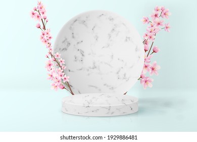 Minimalistic background with Japanese sakura in pastel colors. Realistic empty marble pedestal for product display.