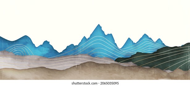 Minimalistic background with mountains. Art banner watercolor paints with gold lines for print, web banner, textile print