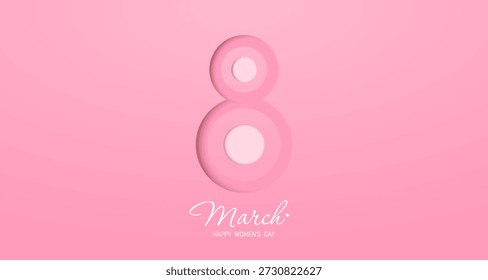 Fondo minimalista el 8 de marzo, Feliz Día de la Mujer con el número 8 sobre un fondo rosa. Anuncio dedicado al Día Internacional de la Mujer. Estilo de corte de papel. Vector 10.