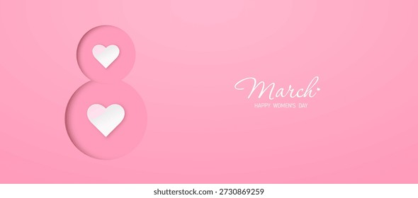 Minimalistischer Hintergrund am 8. März, Happy Women's Day mit der Nummer 8 und Herzen. Ein Banner, das dem Internationalen Frauentag gewidmet ist. Papierschnitt. Vektor-EPS 10.