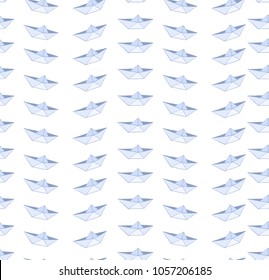 Minimalistic background with origami ships. Vector image. Design. Simple stylisation. Children's textile print. School theme. Volumetric image. Spring, rest, swimming. A laconic design.