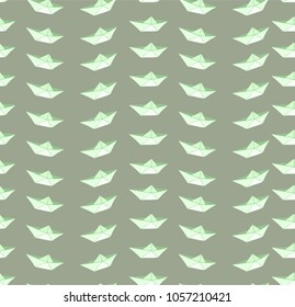 Minimalistic background with origami ships. Vector image. Design. Simple stylisation. Children's textile print. School theme. Volumetric image. Spring, rest, swimming.A laconic design.Shades of green.