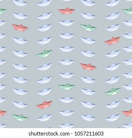 Minimalistic background with origami ships. Vector image. Design. Simple stylisation. Children's textile print. School theme. Volumetric image. Spring, rest, swimming. A laconic design. Multicolored.