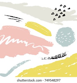 Minimalistic background with paint brush strokes. Hand drawn texture with white, pastel pink and blue colors.