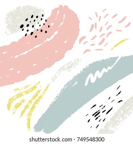 Minimalistic background with paint brush strokes. Hand drawn texture with white, pastel pink and blue colors.