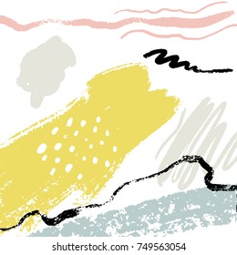 Minimalistic background with paint brush strokes. Hand drawn texture with white, pastel pink and blue colors.