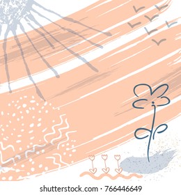 Minimalistic background with paint brush strokes and abstract flowers. Hand drawn texture with white, pastel pink and blue colors.Vector  design.