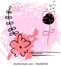 Minimalistic background with paint brush strokes and abstract flowers. Hand drawn elements with white, black and  pink  colors.Vector  design.