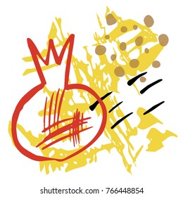 Minimalistic background with paint brush strokes and abstract pomegranate silhouette. Hand drawn elements with red, black and  yellow  colors.Vector  design.