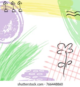 Minimalistic background with paint brush strokes and abstract flowers. Hand drawn elements with white, black and  pink  colors. Vector abstract design.