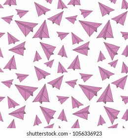 A minimalistic background with pink airplanes made of paper on a white background. Line drawing. Vector image. Design. Simple minimalistic stylization. Origami. Office Style.