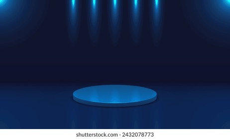 Fondo minimalista con un podio para productos en tonos azules. Iluminación de estudio.