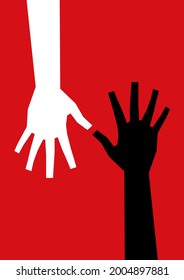 Minimalistic background for the poster. White and black hands in different directions touching fingers on a red background. For A4, A3 banners, advertisements, postcards, leaflets. Help, support