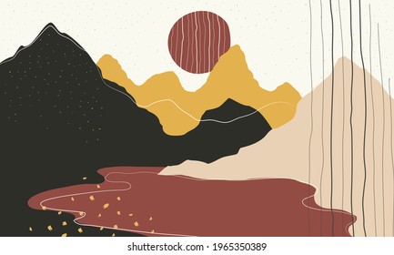Minimalistic background with simple waves mountain and sun shapes in yellow, red, white and grey. Horizontal template perfect for social media, postcards, banners, flyers, ads, web or editorial layout