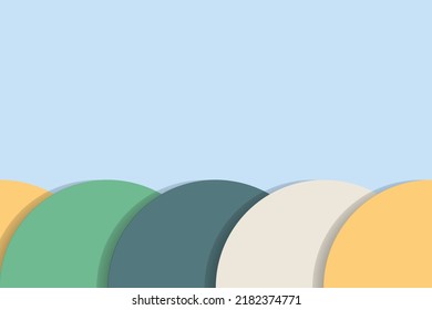 Fondo minimalista. Círculos de color de tono suave con sombra sobre fondo azul pastel con espacio de copia. Bonito marco sencillo para la decoración de los niños, pancartas, papel pintado. Resumen simplemente fondo.