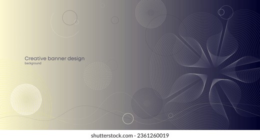 Minimalistic background with subtle waves. Design element with harmonious moving lines, flower shape and circles. Modern yellow-purple gradient and space modeling. Futuristic technology concept