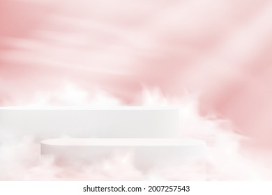 Minimalistic background with white podiums in the clouds in pink. Empty showcase pedestals for product demonstration.