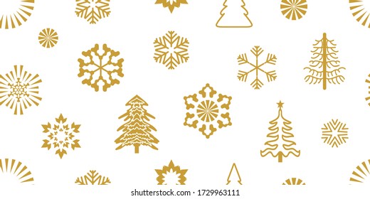 Minimalistic background with winter elements. Seamless vector pattern with firs, snowflakes. Template for gift wrappings, cards, flyers. Golden on white.