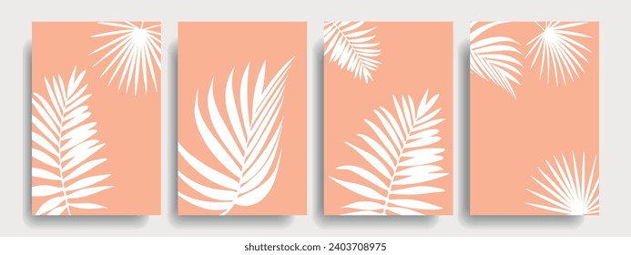 Minimalistic backgrounds with tropical leaves on a peach background. Vector.