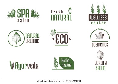 Minimalistic badge design. Floral, spa, wellness, ayurvedic, natural organic, eco. Creative isolated elements for your design.