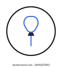Um ícone de balão minimalista renderizado em um estilo plano limpo. O balão é contornado em azul com um pequeno sotaque escuro, centralizado dentro de um quadro circular preto. Este gráfico é perfeito para eventos