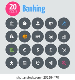 Minimalistic banking icons, on dark gray circles