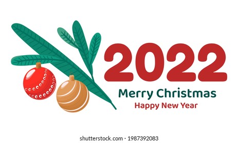 Minimalistic banner or greeting card for Merry Christmas and happy New Year. Vector flat illustration with fir-tree branch and balls