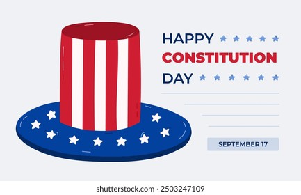 Anuncio minimalista para el feliz Día de la Constitución de Estados Unidos el 17 de septiembre con sombrero de dibujos animados del tío Sam. Concepto divertido para el cartel, fondo, tarjeta de felicitación para celebrar la fiesta americana.