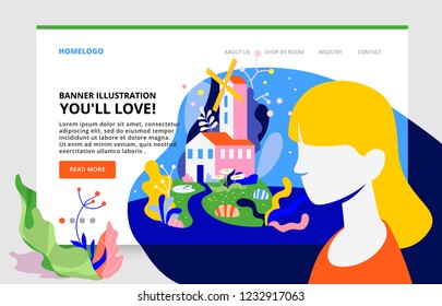 Minimalistic banner of landing page clean design. Fantasy landscape illustration for website. Beautiful young girl on the background of a fantasy landscape, a green meadow with flowers and a mill.
