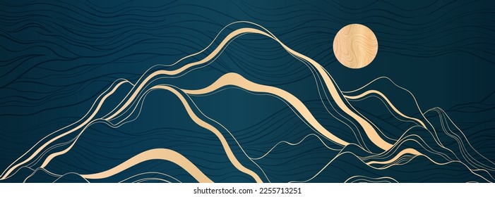 A minimalistic banner with mountains and an art deco style. Smooth gold lines on a dark blue prestigious background. Vector illustration.