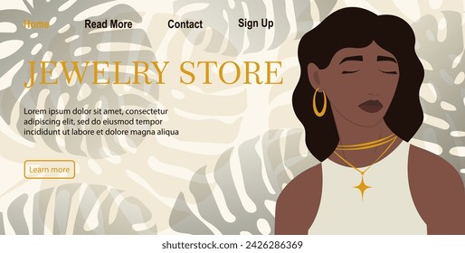 Minimalistic banner for online jewelry store. Elegant girl with earring and floral background.