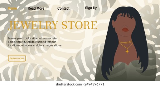 Minimalistic banner for online jewelry store. Elegant girl with earring and floral background