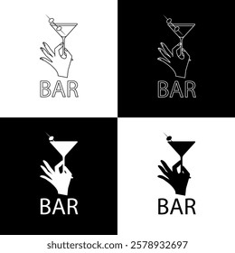 Minimalistic bar logo featuring a stylish hand holding a martini glass with an olive garnish. The design is presented in both black-and-white and inverted styles, making it perfect for branding, adver