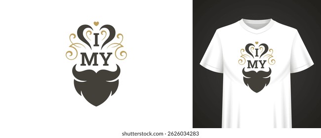 Minimalistic barbershop emblem with bold beard graphic, heart symbol, and stylish typography designed for apparel, branding, and grooming promotions. Suitable for t-shirt printing. Vector illustration