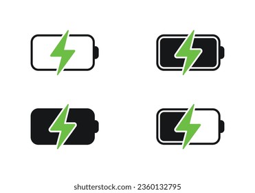 Minimalistic battery charging vector icon set. Phone battery with lightning icon. Charging phone, laptop icon.