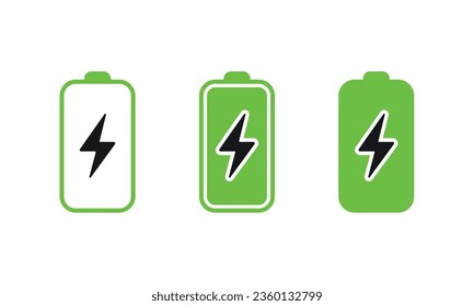 Juego de iconos vectoriales de carga de batería minimalista. Batería de teléfono con icono de relámpago. Cargando el teléfono, el icono del portátil.