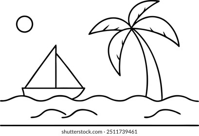 Cena de praia minimalista com Palm Tree e veleiro