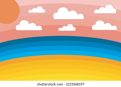 minimalistic beach vector illustration, simple drawing of sand, ocean and sky with clouds and sun