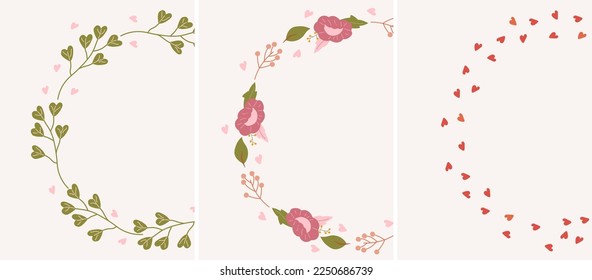 Minimalistic, beautiful greeting cards with wreaths of flowers, leaves. Bright illustrations for greeting cards, invitations to weddings, birthdays and others. Vector.