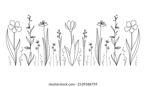 Minimalistic beauty botanical pattern. Field with abstract wild flowers and plants. Hand drawn vector illustration.