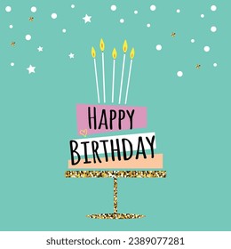 Minimalistic birthday greeting card with big cake and lettering happy birthday.