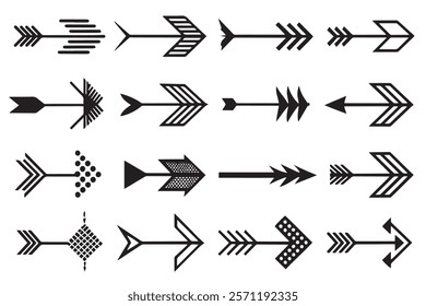 Minimalistic black arrow vector designs showcasing diverse geometric shapes, perfect for creative layouts and modern design concepts